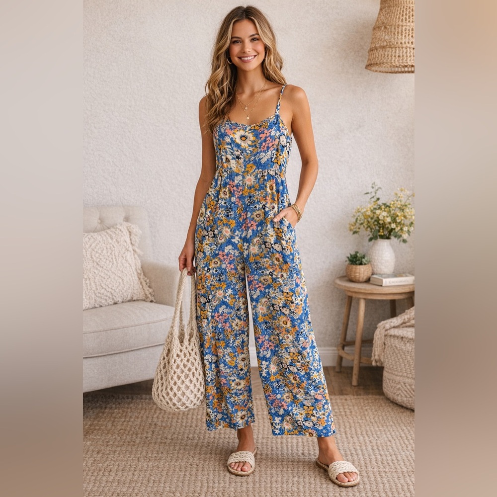 NATURAL LIFE Blue Floral Spaghetti-Strap Wide-Leg Jumpsuit